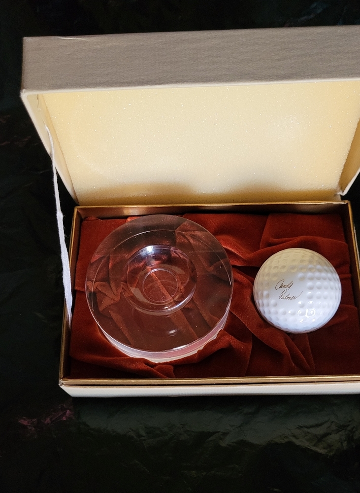 Signed White Golf Ball and Clear Crystal Display Dish